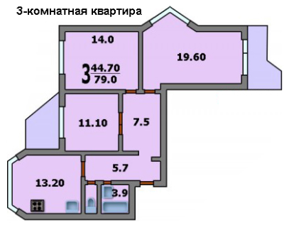 Трехкомнатная квартира в доме П-44Т